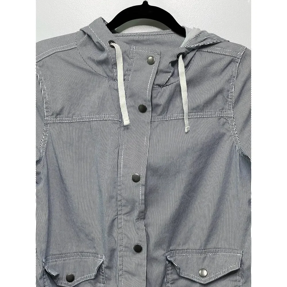 So Pinstriped‎ Long Sleeve Snap Button Field Hooded Jacket Blue/White Women's M